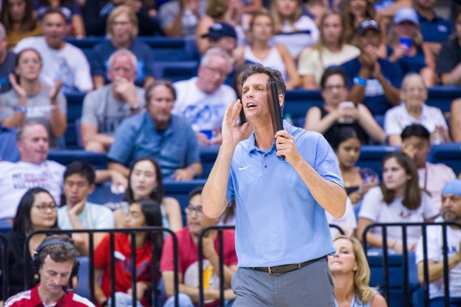 USD then-head volleyball coach Brent Hilliard instructs his team during his tenure with the Toreros.