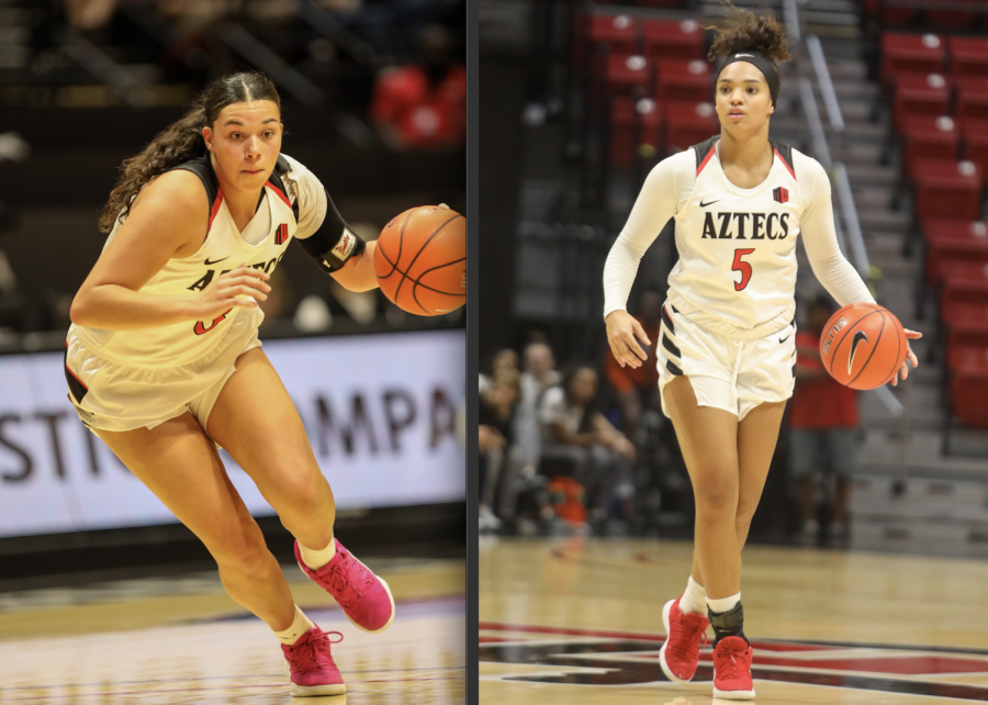 Sophomore forward Mallory Adams (left) and then-junior guard Téa Adams (right) each dribble the ball up the court during the Aztecs 55-45 win over Cal State Fullerton on Nov. 17, 2019 at Viejas Arena.