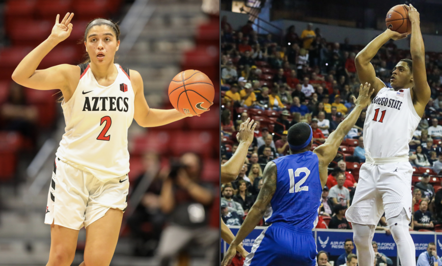 San Diego State womens basketball junior guard Sophia Ramos (left) and mens basketball senior forward Matt Mitchell won the Mountain West Conference Player of the Week awards for the week ending Nov. 29 on Nov. 30, according to a conference-issued press release.