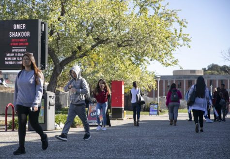 Students walk across campus at California State University East Bay.