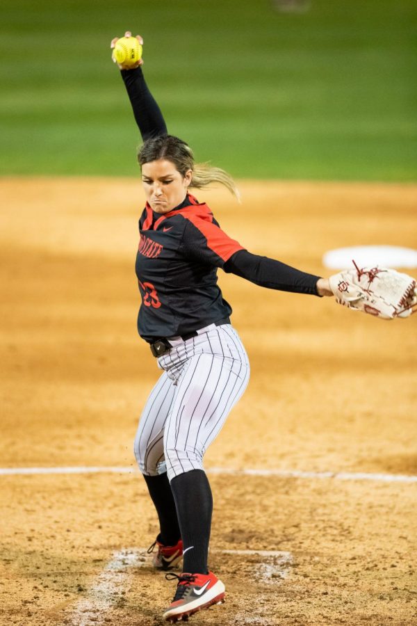 San Diego State softball junior pitcher Maggie Balint fires a pitch during the Aztecs 3-0 loss to Brigham Young on Feb. 13, 2020 at the SDSU Softball Stadium.