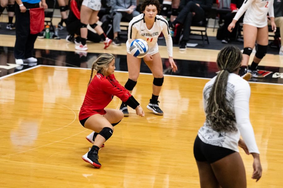 San Diego State volleyball senior libero Lauren Lee connects with the ball during the Aztecs 3-1 loss to Fresno State on Feb. 12, 2021 at Peterson Gym.