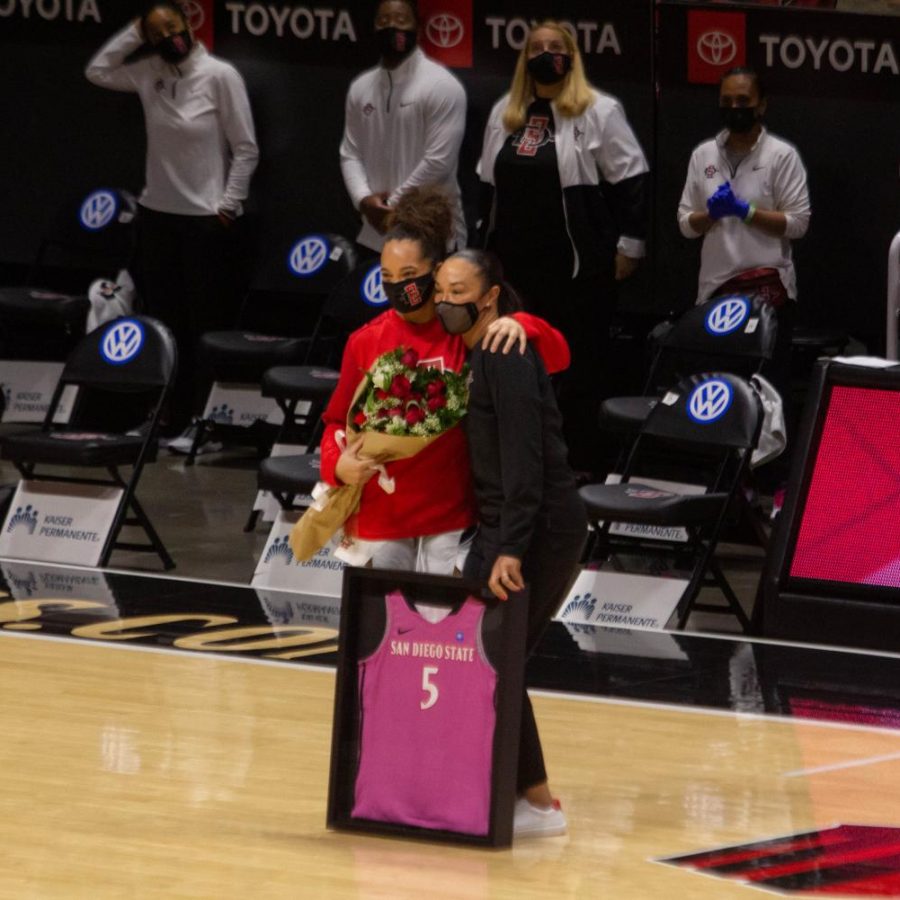 San Diego State womens basketball senior guard Téa Adams (left) poses with head coach Stacie Terry-Hutson during the Aztecs 82-61 loss to Fresno State on Senior Day, Feb. 21, 2021 at Viejas Arena.