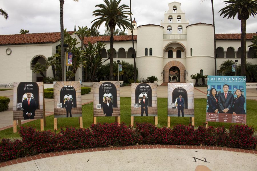 In the 2020 A.S. Elections candidates from Serve SDSYOU and SDSU 2020 Vision set up signs outside Hepner Hall as part of their campaigns, despite the campus being largely empty as a result of COVID-19.