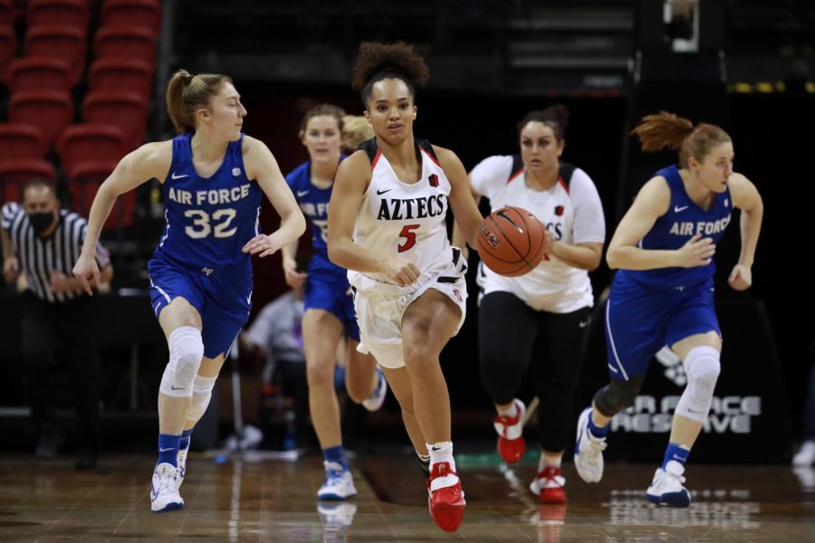 San Diego State womens basketball senior guard Téa Adams pushes the ball up the court during the Aztecs 56-48 loss to Air Force on March 7, 2021 at the Thomas & Mack Center in Las Vegas.