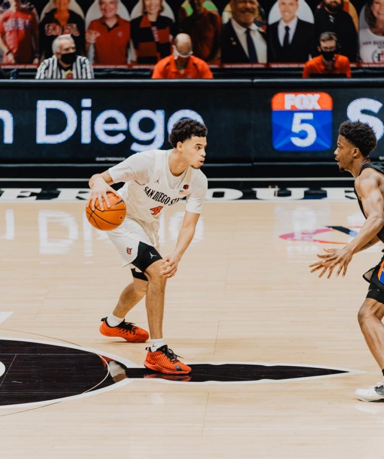 San Diego State mens basketball senior guard Trey Pulliam faces a Boise State defender during the Aztecs 78-66 overtime win over the Broncos on Feb. 25, 2021 at Viejas Arena.