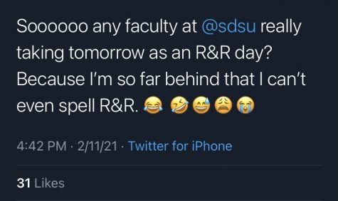 One of dozens of tweets from SDSU students and faculty expressing dissatisfaction towards the recovery days that replaced spring break. This Twitter screenshot comes from a faculty member.