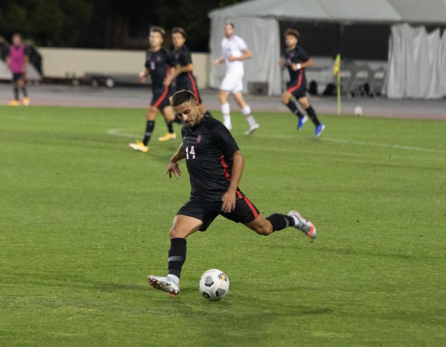 San Diego State mens soccer junior midfielder Tristan Weber attempts to control the ball during the Aztecs 2-2 draw against UCLA on March 24, 2021 at the SDSU Sports Deck.