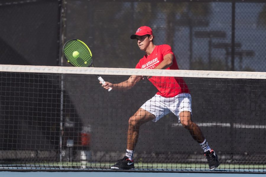 San+Diego+State+mens+tennis+senior+Ignacio+Martinez+swings+his+racket+at+a+ball+during+a+competition+during+the+2020-21+season.