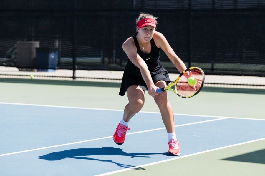 San Diego State womens tennis freshman Alexandria Von Tersch Pohrer swings at a ball during the Aztecs 7-0 loss to Oregon on March 22, 2021 at the SDSU Tennis Center.
