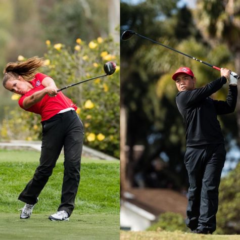 San Diego State womens golf senior Sara Kjellker (left) and mens golf senior Puwit Anupansuebsai swing their drivers during the 2021 season.