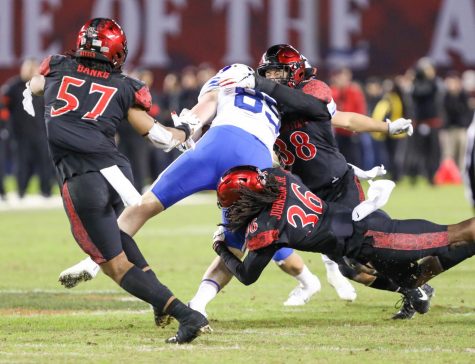 San Diego State football-junior safety Dwayne Johnson Jr. (#36) helps lay a hit on a Brigham Young receiver during the Aztecs’ 13-3 victory on Nov. 30, 2019 at SDCCU Stadium. 
