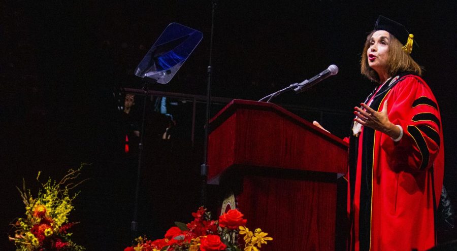 San Diego State University President Adela de la Torre addresses the attendees of her inauguration in 2019. 