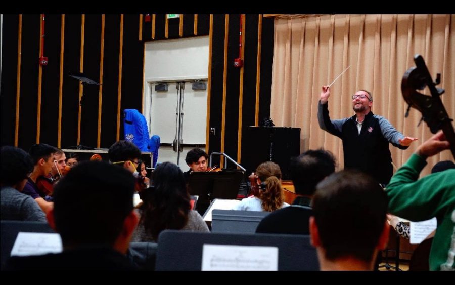 Michael Gerdes conducting the SDSU orchestra in a performance of Edward Elgars Enigma Variations in March 2020.
