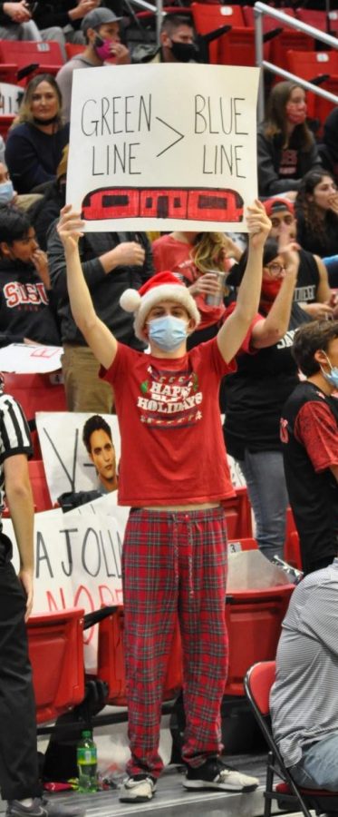 SDSUs+student+section%2C+The+Show%2C+had+some+fun+poking+fun+at+cross-town+rivals+UCSD+when+they+came+to+Viejas+Arena.