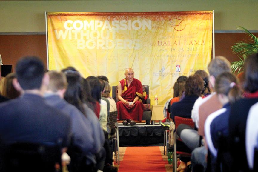 The Venerable Lama Tenzin Dhonden speaking to a gathered group of students and non-students last Wednesday at the Parma Payne Goodall Alumni Center. | Antonio Zaragoza, Photo Editor