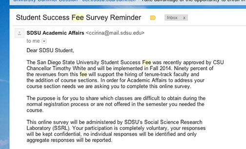 Screenshot of Student Success Fee email. 