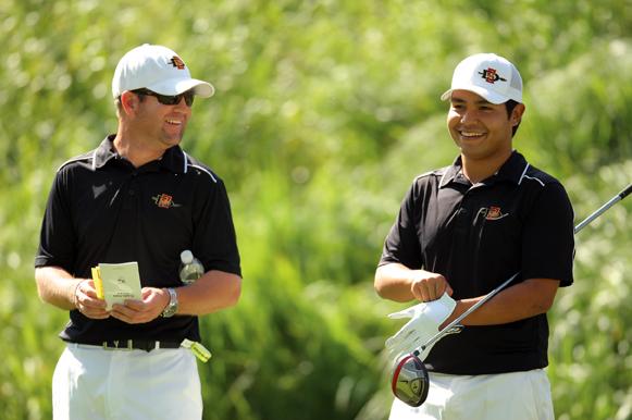 SDSU head coach Ryan Donovan and junior J.J. Spaun hope to be all smiles after this weekend’s tournament. File Photo