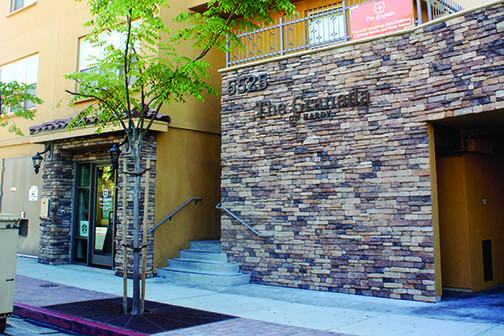 The exterior of The Granada on Hardy Avenue, a campus apartment complex that had previously been reserved for sophomores and upper division students.