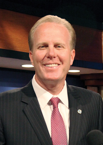 SD Mayoral frontrunner Kevin Faulconer was all smiles at the KPBS debate in October.