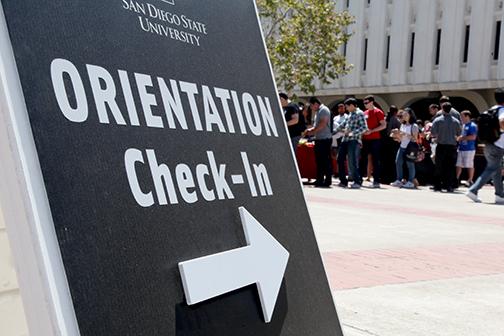 Sign points students towards fall 2014 orientation.