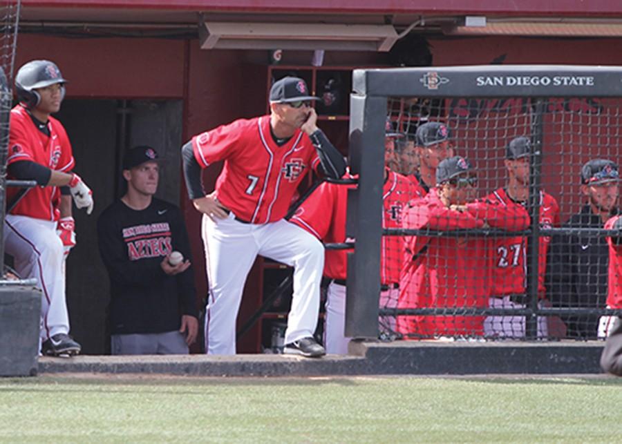 Head coach Mark Martinez looks on from the dugout during the 2016 season. 