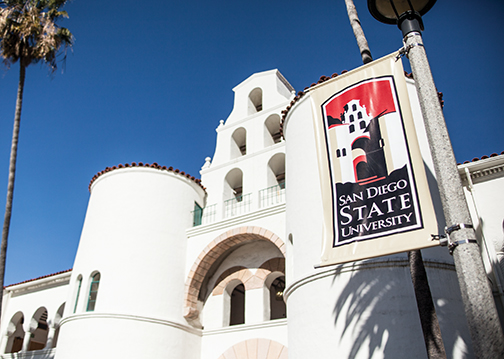 Close up photo of Hepner Hall at SDSU