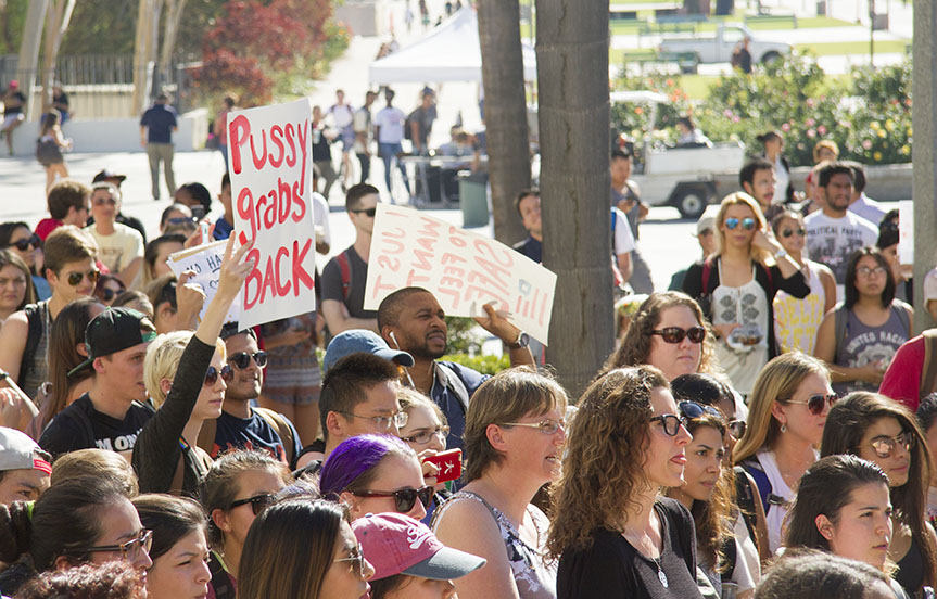 Students demonstrate on campus following the election of Donald Trump.
