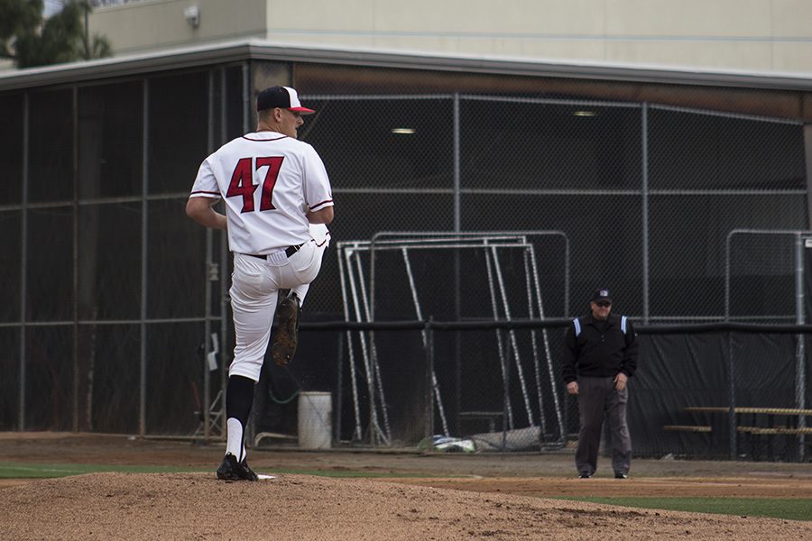Senior pitcher Dominic Purpura winds up for a pitch against the University of Pacific.