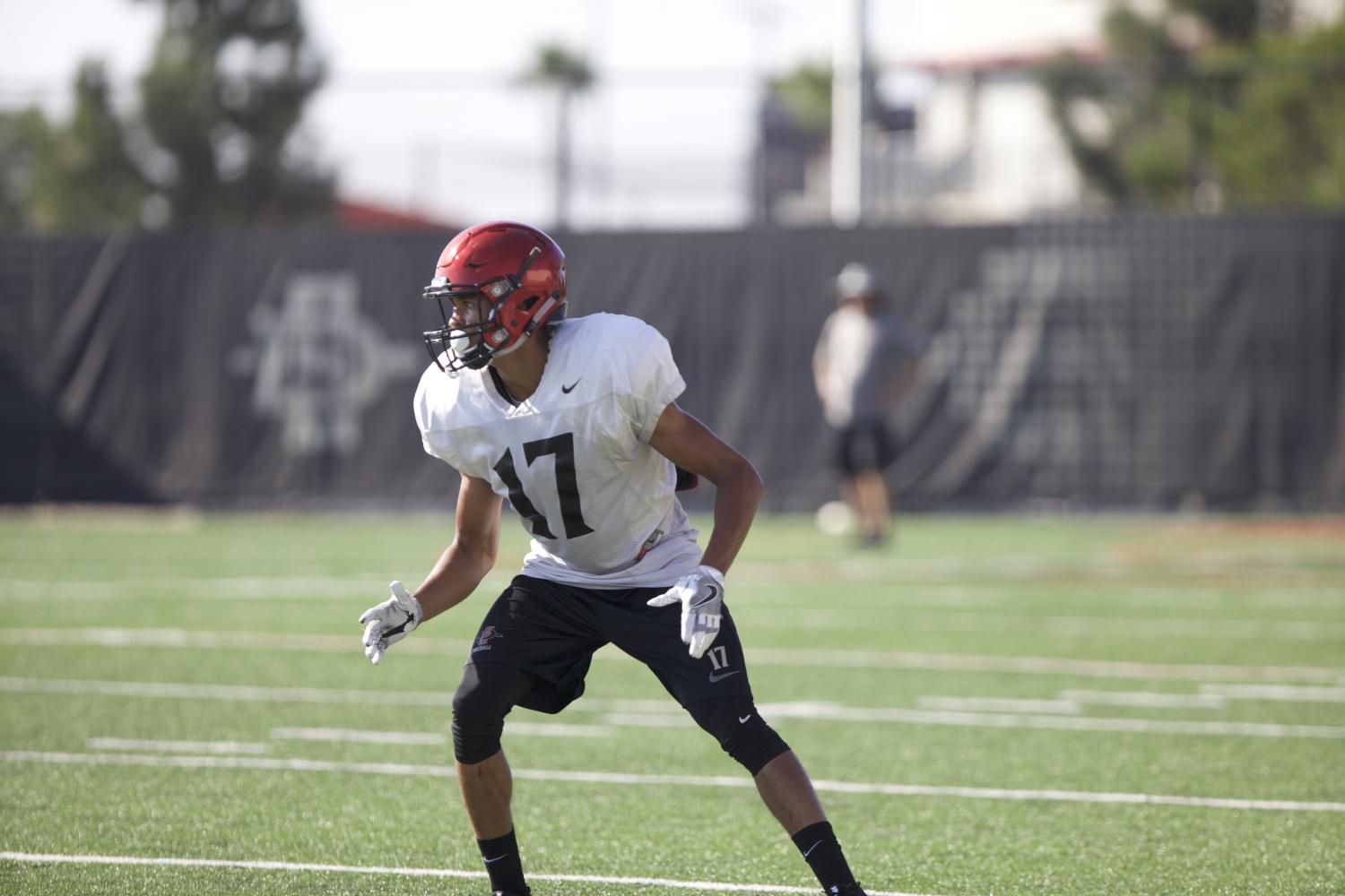 SDSU+redshirt+sophomore+cornerback+Ron+Smith+participating+in+a+drill+during+fall+practice.+