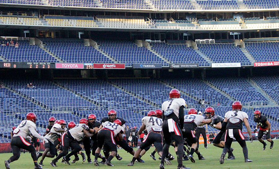 San Diego State football scrimmages in front of an empty Qualcomm crowd.