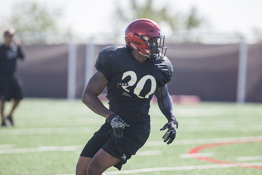 Senior running back Rashaad Penny looks for the ball during a 2017 practice.