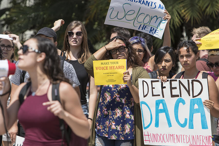 Students affirm their support for the DACA program, which the Trump administration has announced it will be discontinuing.