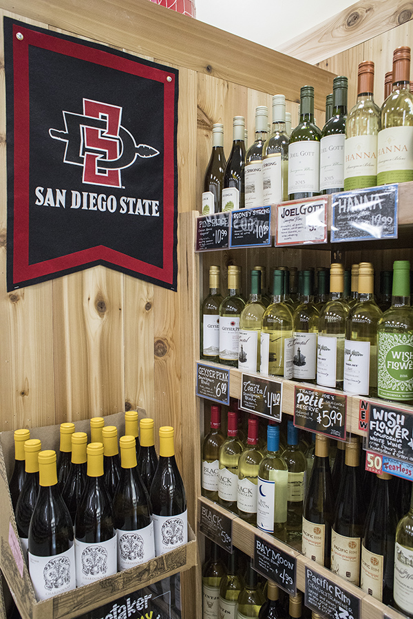 Alcohol+on+display+at+SDSUs+Trader+Joes+grocery+store.