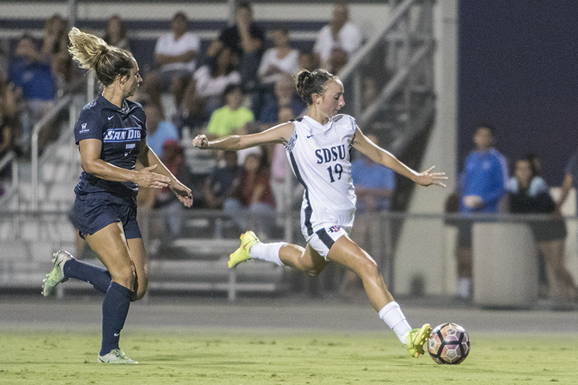 Freshman+forward+Mia+Root+prepares+to+launch+a+shot+during+SDSUs+3-1+win+over+USD.