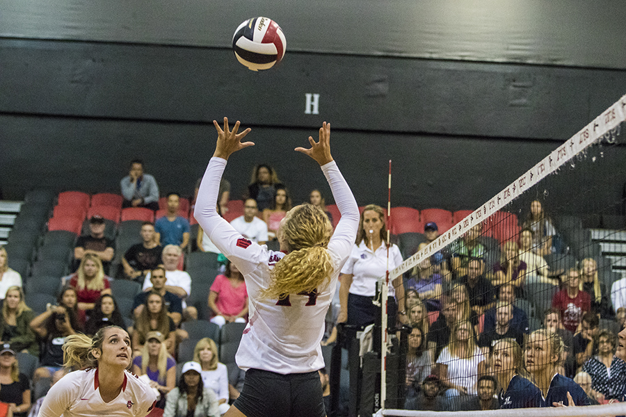 Senior outside hitter Alexis Cage sets up a teammate during SDSUs match against Loyola Marymount.