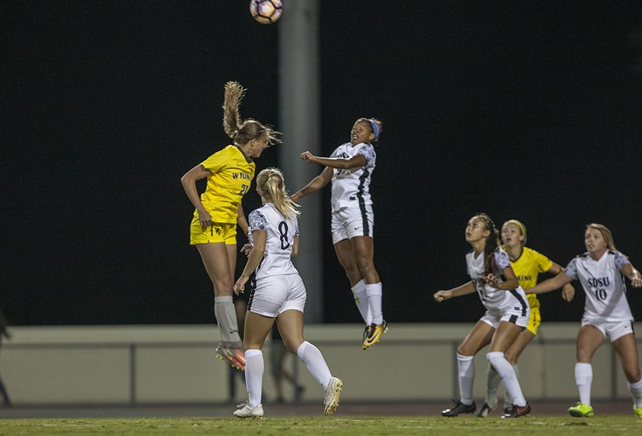 Senior forward Angela Mitchell launches for a header during SDSUs 2-1 win over Wyoming on Oct. 20.