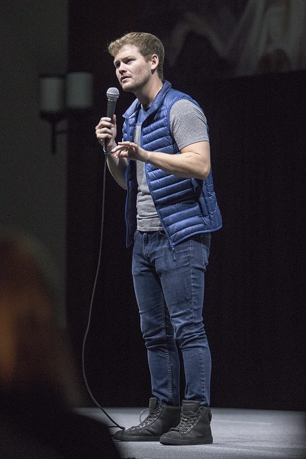 Stand-up comedian Drew Lynch performs his infectuous routine in Montezuma Hall as part of DiversAbility Month at SDSU.