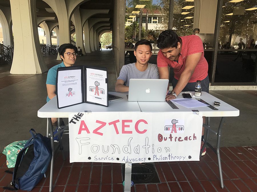 Denis Lim, Le-Hsuan Chen and Chad Arulsamy tabled for their club Aztec Outreach on Oct. 11 outside of the Malcolm A. Love Library.