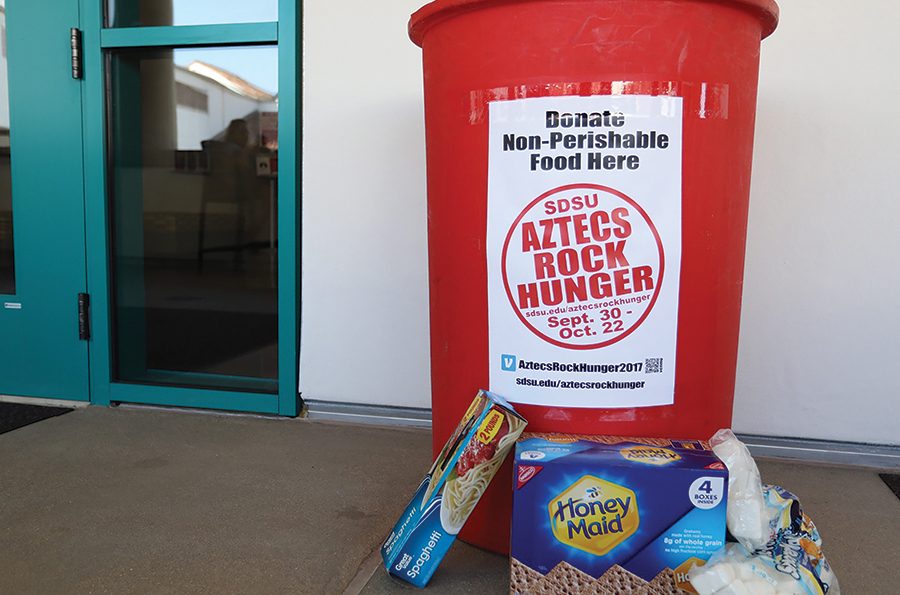 There are a variety of Aztecs Rock Hunger donation bins around campus.