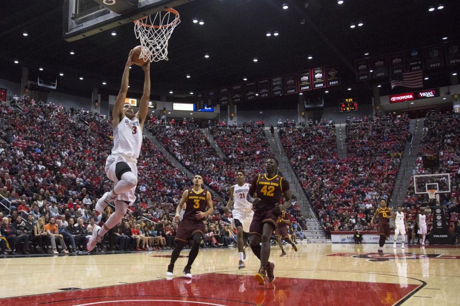 Senior guard Trey Kell breaks away for a dunk during SDSUs loss to Arizona State in Dec. 16.