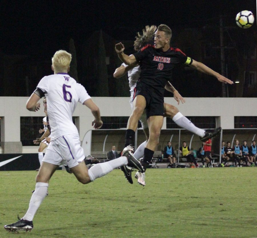 Senior forward Jeroen Meefout jumps for a header during SDSUs 0-1 loss to No. 23 Washington on Oct. 26.