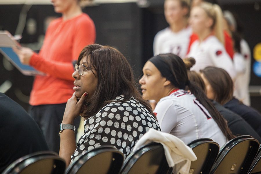 Deitre Collins-Parker ponders during SDSU’s win over Air Force on Oct. 8, 2017 for her 300th win at SDSU.