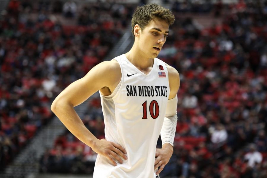 Junior Max Montana laments during SDSU's 91-52 win over San Diego Christian on Nov. 10.