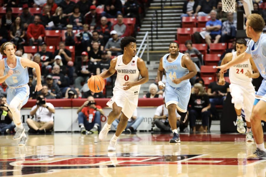 Junior+guard+Devin+Watson+%280%29+drives+the+ball+up+the+court+during+the+Aztecs+91-52+victory+over+San+Diego+Christian+on+Nov.+10+at+Viejas+Arena.