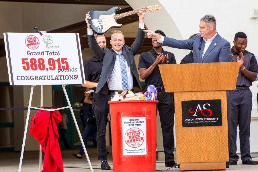 Associated Students Vice President of Financial Affairs Hayden Willis unveiled the 2017 Aztecs Rock Hunger grand total.