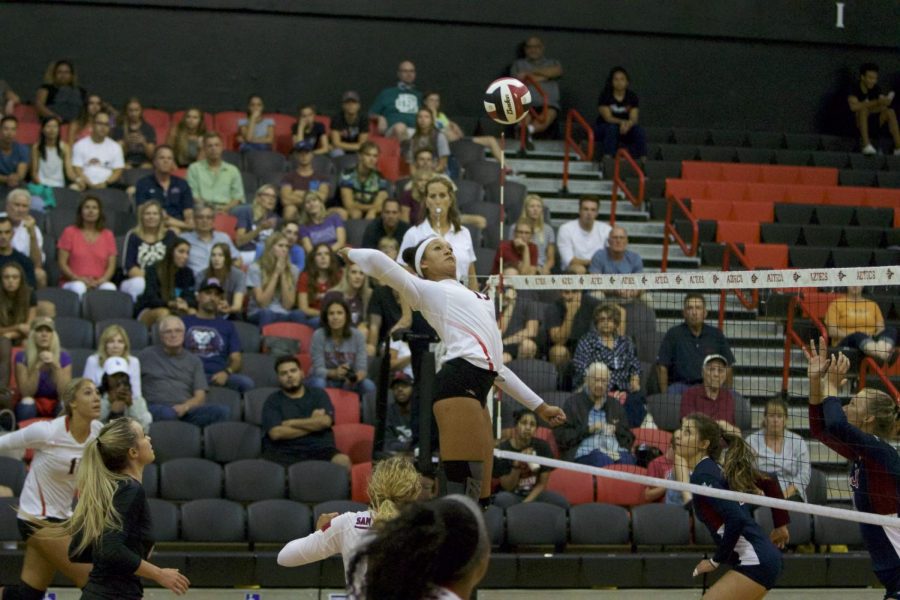 Senior outside hitter Deja Harris readies for a spike during SDSU's loss to Loyola Marymount on Sept. 8.