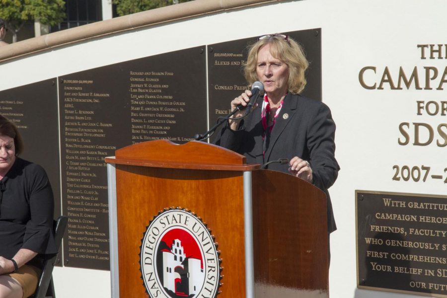 Sally+Roush%2C+the+current+SDSU+president%2C+speaks+at+a+press+conference+in+November.+Roush+stepped+into+the+role+on+a+temporary+basis+after+former+university+president+Elliot+Hirshman+stepped+down+at+the+end+of+June+2017.