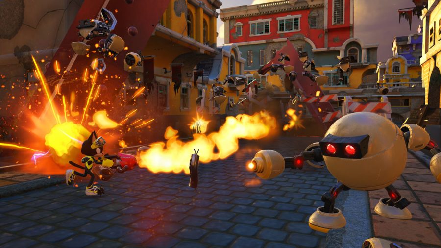The players custom character blasts through the Park Avenue level of Sonic Forces.