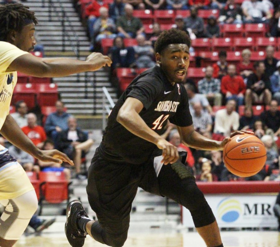 Junior guard Jeremy Hemsley attacks the basket during SDSUs 81-58 win over San Diego Christian in the 2016-17 season.